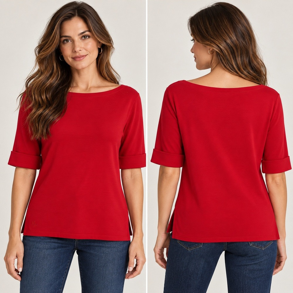 Lauren Ralph Lauren Red Boatneck Cotton Top XL Preppy Luxury Classic Career
